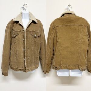Levis Mens Tan Corduroy Sherpa Lined Button Up Trucker Jacket Size M